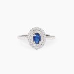 Anello Zaffiro Blu Ovale e Doppio Contorno di Zirconi Bianchi Argento Donna Mabina