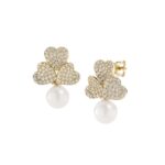 Orecchini Dorati con Tris Cuori Pavè e Perla in Argento Donna Amen