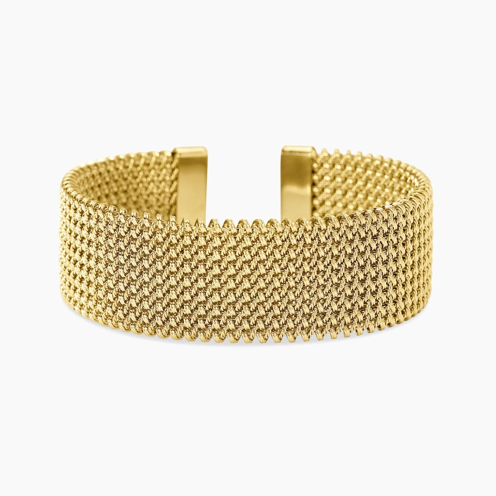 Bracciale-dorato-aperto-cuff-maglia-mesh-idea-regalo-per-lei-kidult-831227.jpg Bracciale Cuff in Acciaio Dorato Maglia Mesh Donna Kidult - immagine 1